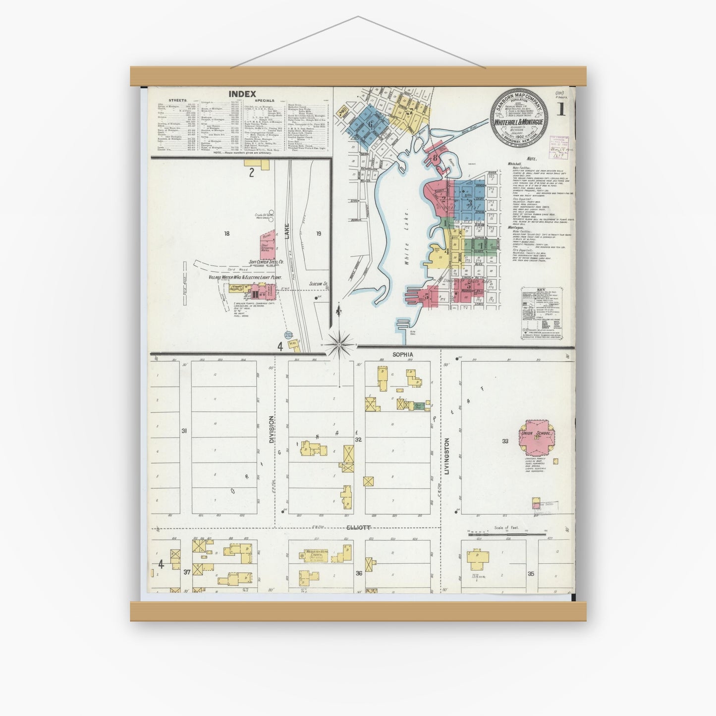 Old map wall art mockup — magnetic wood frame on white wall — Sanborn Fire Insurance Map from Whitehall, Muskegon County, Michigan (1902), Sheet #0001