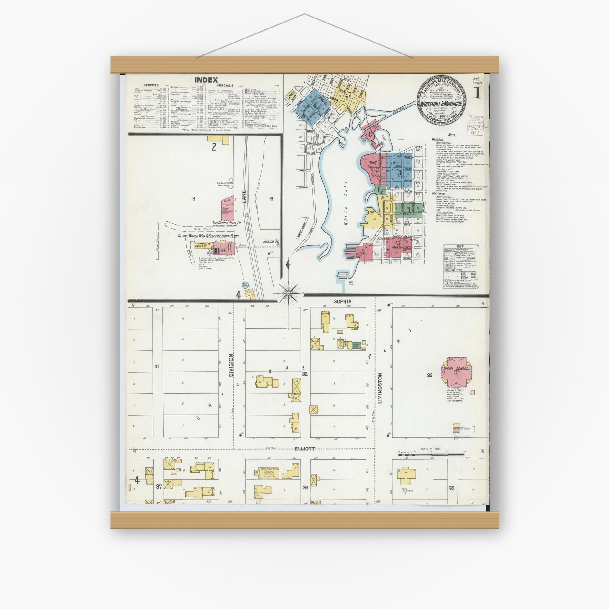 Old map wall art mockup — magnetic wood frame on white wall — Sanborn Fire Insurance Map from Whitehall, Muskegon County, Michigan (1902), Sheet #0001