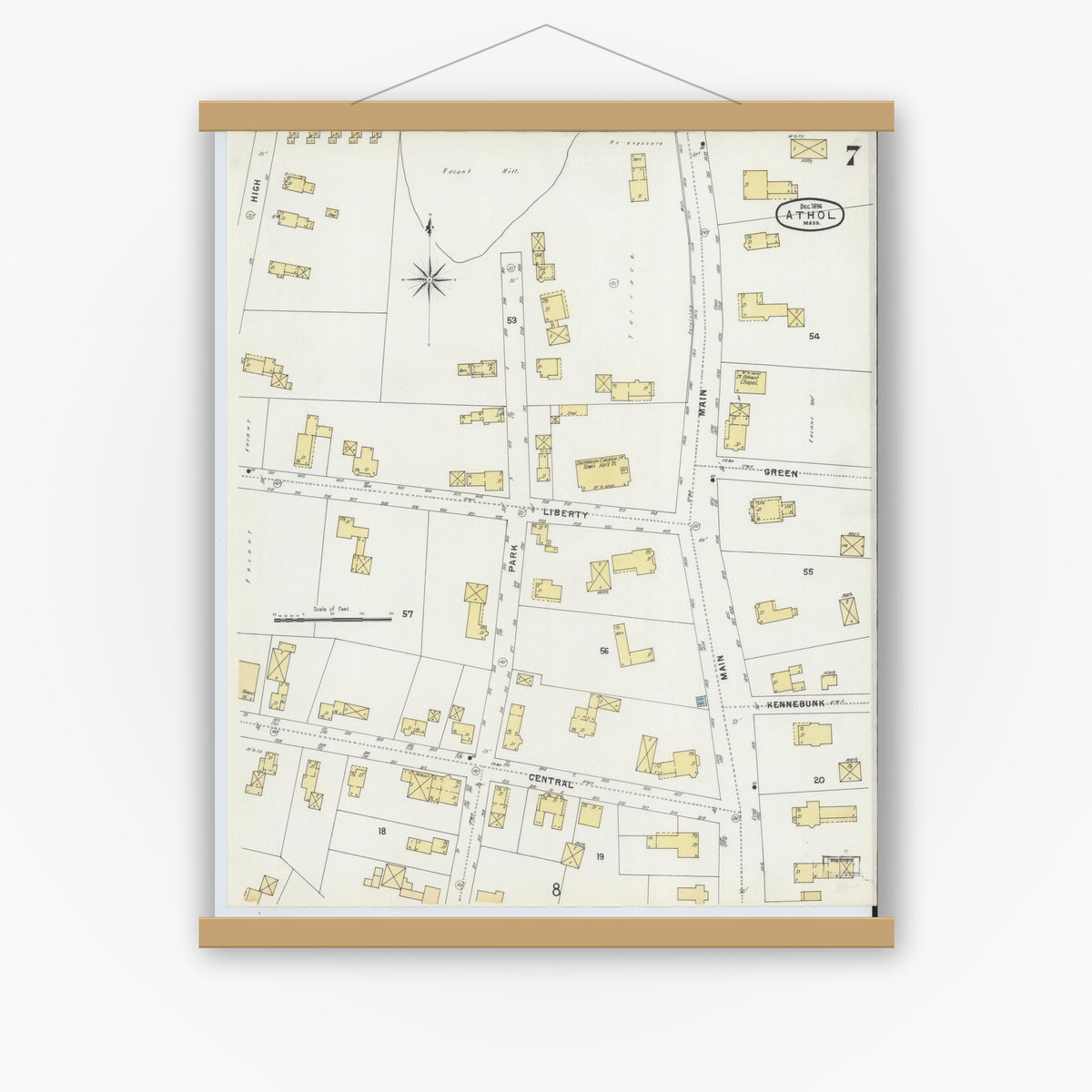 Old map wall art mockup — magnetic wood frame on white wall — Sanborn Fire Insurance Map from Athol, Worcester County, Massachusetts (1896), Sheet #0007