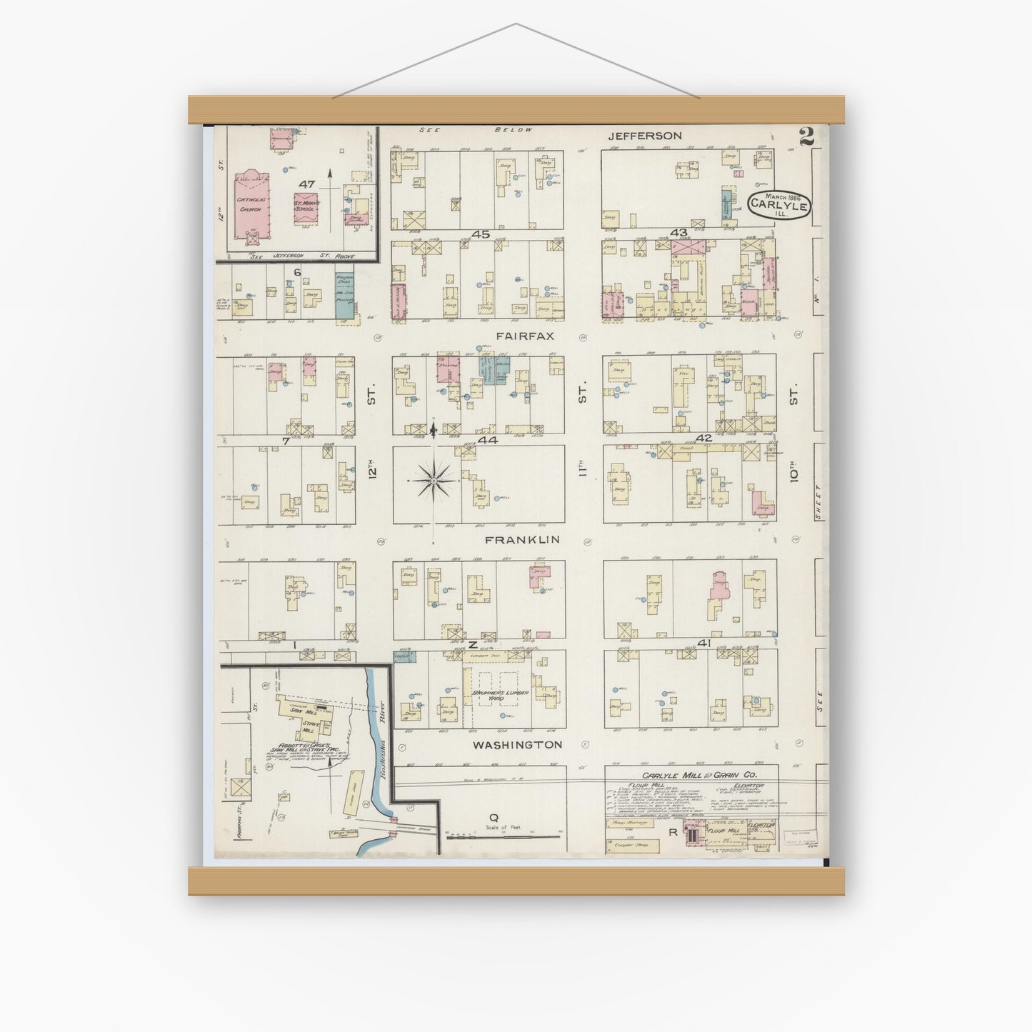 Old map wall art mockup — magnetic wood frame on white wall — Sanborn Fire Insurance Map from Carlyle, Clinton County, Illinois (1886), Sheet #0002