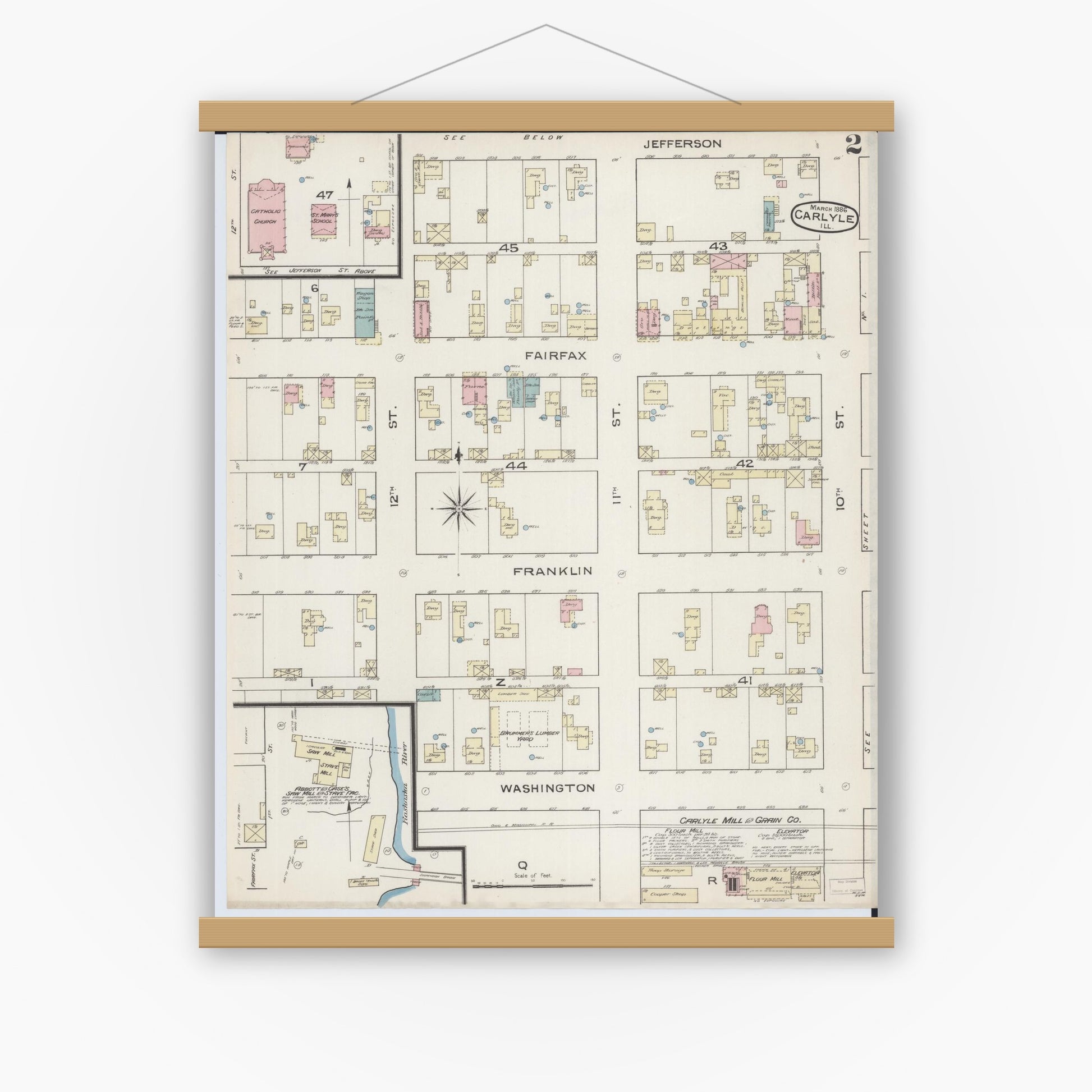 Old map wall art mockup — magnetic wood frame on white wall — Sanborn Fire Insurance Map from Carlyle, Clinton County, Illinois (1886), Sheet #0002