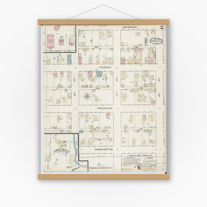 Old map wall art mockup — magnetic wood frame on white wall — Sanborn Fire Insurance Map from Carlyle, Clinton County, Illinois (1886), Sheet #0002