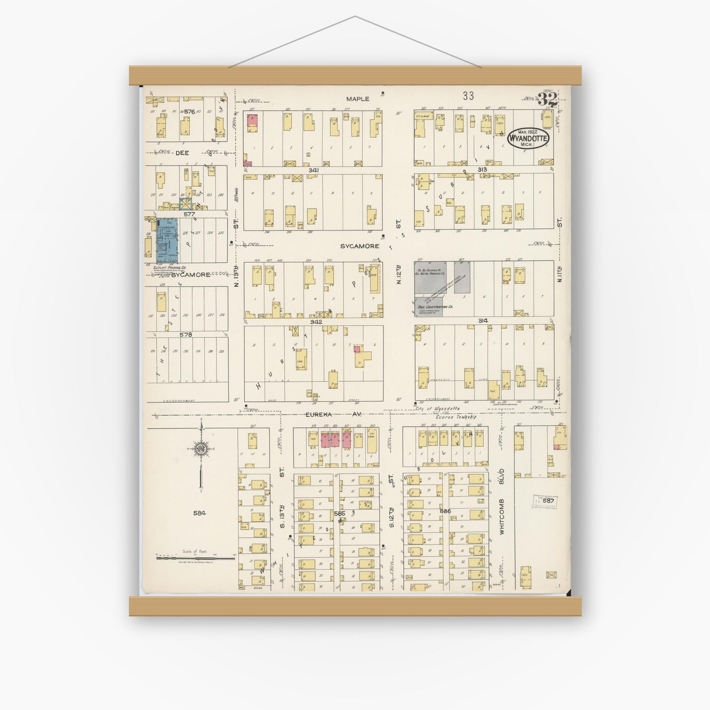 Old map wall art mockup — magnetic wood frame on white wall — Sanborn Fire Insurance Map from Wyandotte, Wayne County, Michigan (1922), Sheet #0032