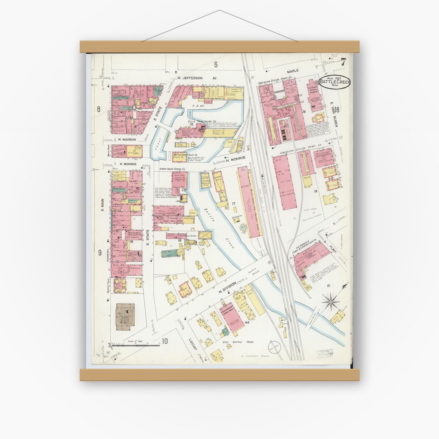 Old map wall art mockup — magnetic wood frame on white wall — Sanborn Fire Insurance Map from Battle Creek, Calhoun County, Michigan (1907), Sheet #0007