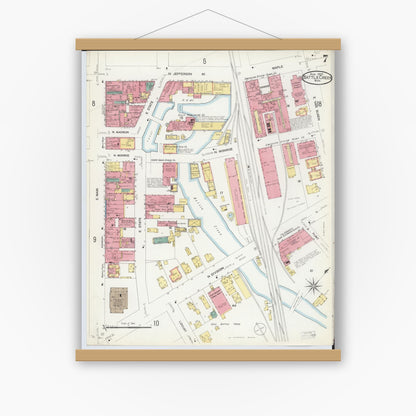 Old map wall art mockup — magnetic wood frame on white wall — Sanborn Fire Insurance Map from Battle Creek, Calhoun County, Michigan (1907), Sheet #0007