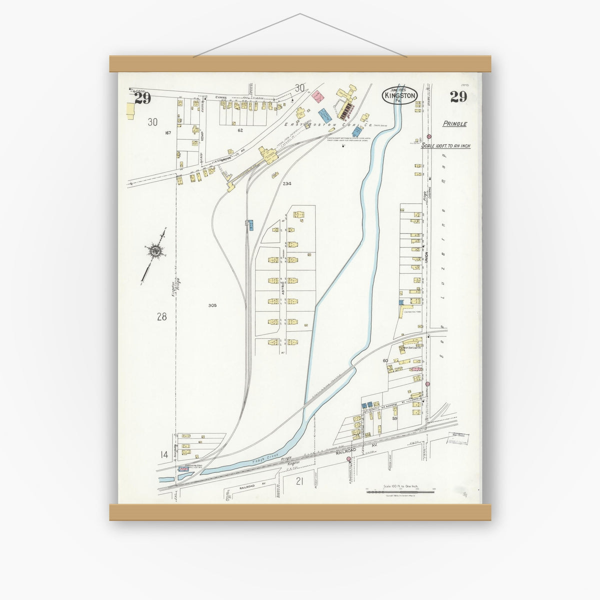 Old map wall art mockup — magnetic wood frame on white wall — Sanborn Fire Insurance Map from Kingston, Luzerne County, Pennsylvania (1925), Sheet #0029