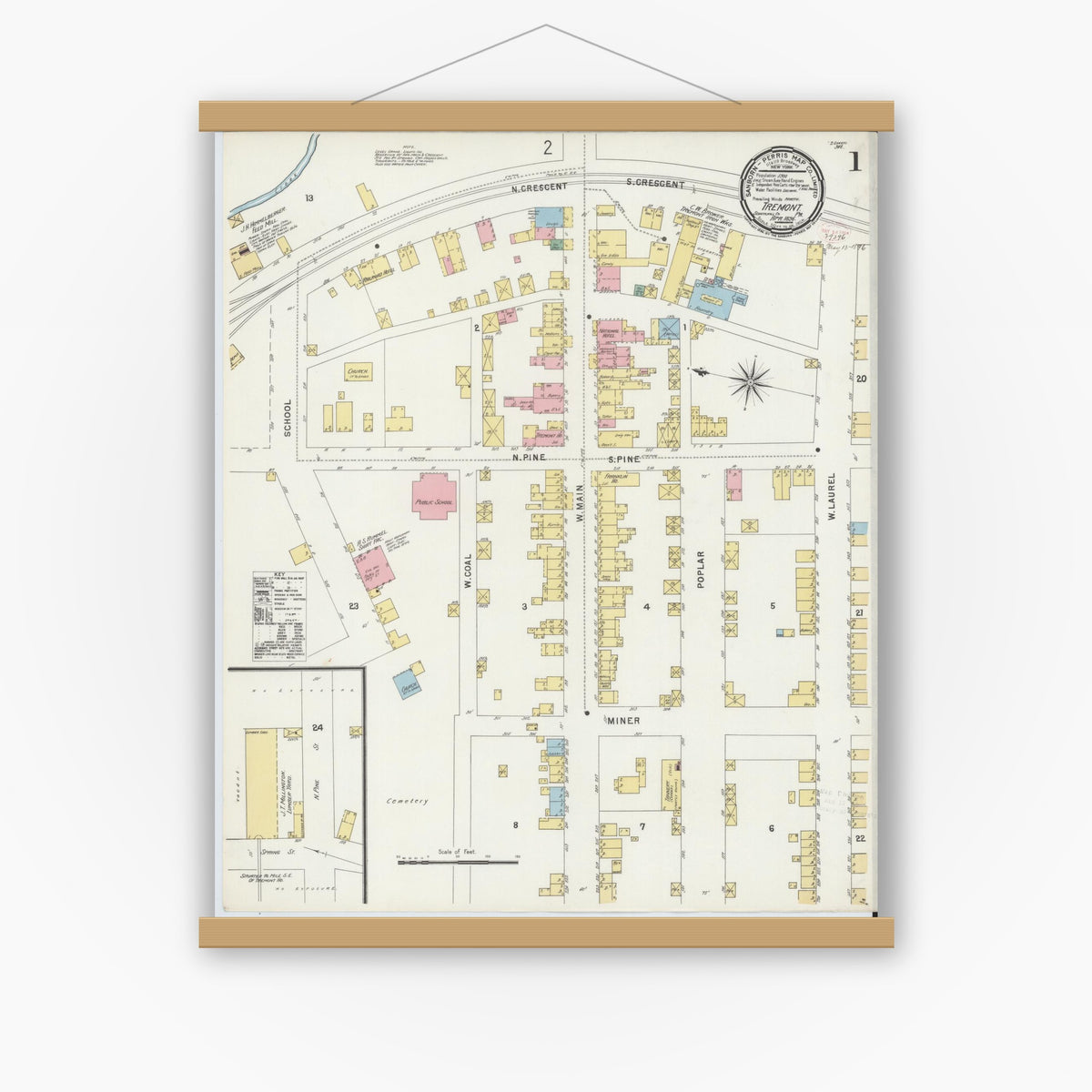 Old map wall art mockup — magnetic wood frame on white wall — Sanborn Fire Insurance Map from Tremont, Schuylkill County, Pennsylvania (1896), Sheet #0001