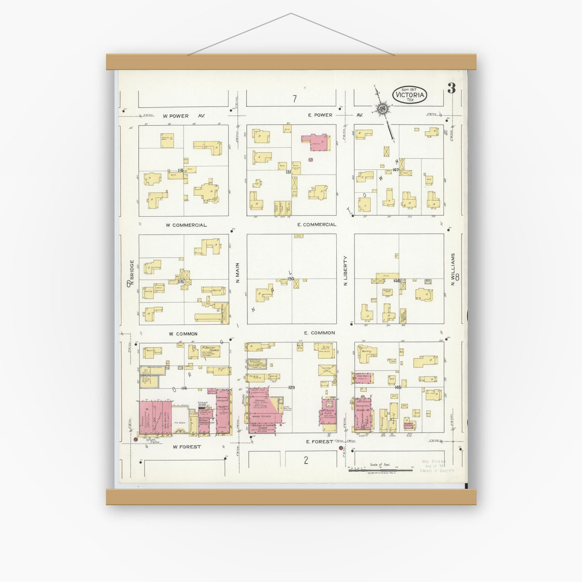 Old map wall art mockup — magnetic wood frame on white wall — Sanborn Fire Insurance Map from Victoria, Victoria County, Texas (1917), Sheet #0003