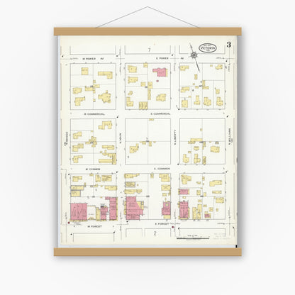 Old map wall art mockup — magnetic wood frame on white wall — Sanborn Fire Insurance Map from Victoria, Victoria County, Texas (1917), Sheet #0003