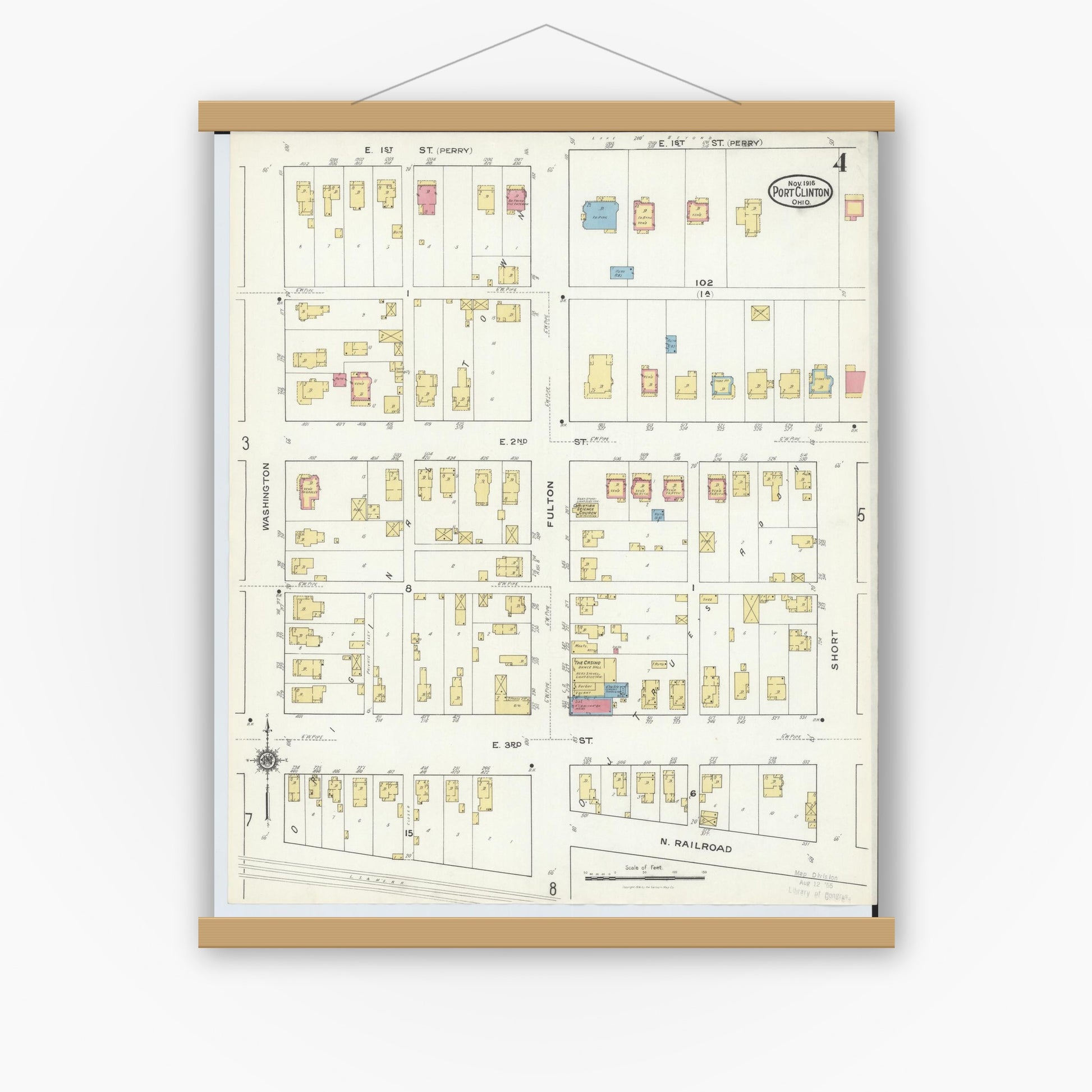 Old map wall art mockup — magnetic wood frame on white wall — Sanborn Fire Insurance Map from Port Clinton, Ottawa County, Ohio (1916), Sheet #0004