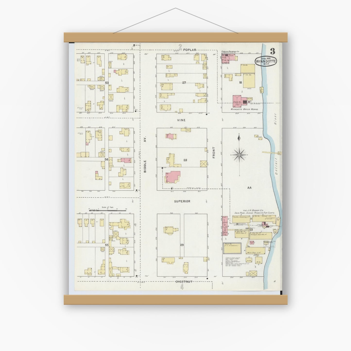 Old map wall art mockup — magnetic wood frame on white wall — Sanborn Fire Insurance Map from Wyandotte, Wayne County, Michigan (1895), Sheet #0003