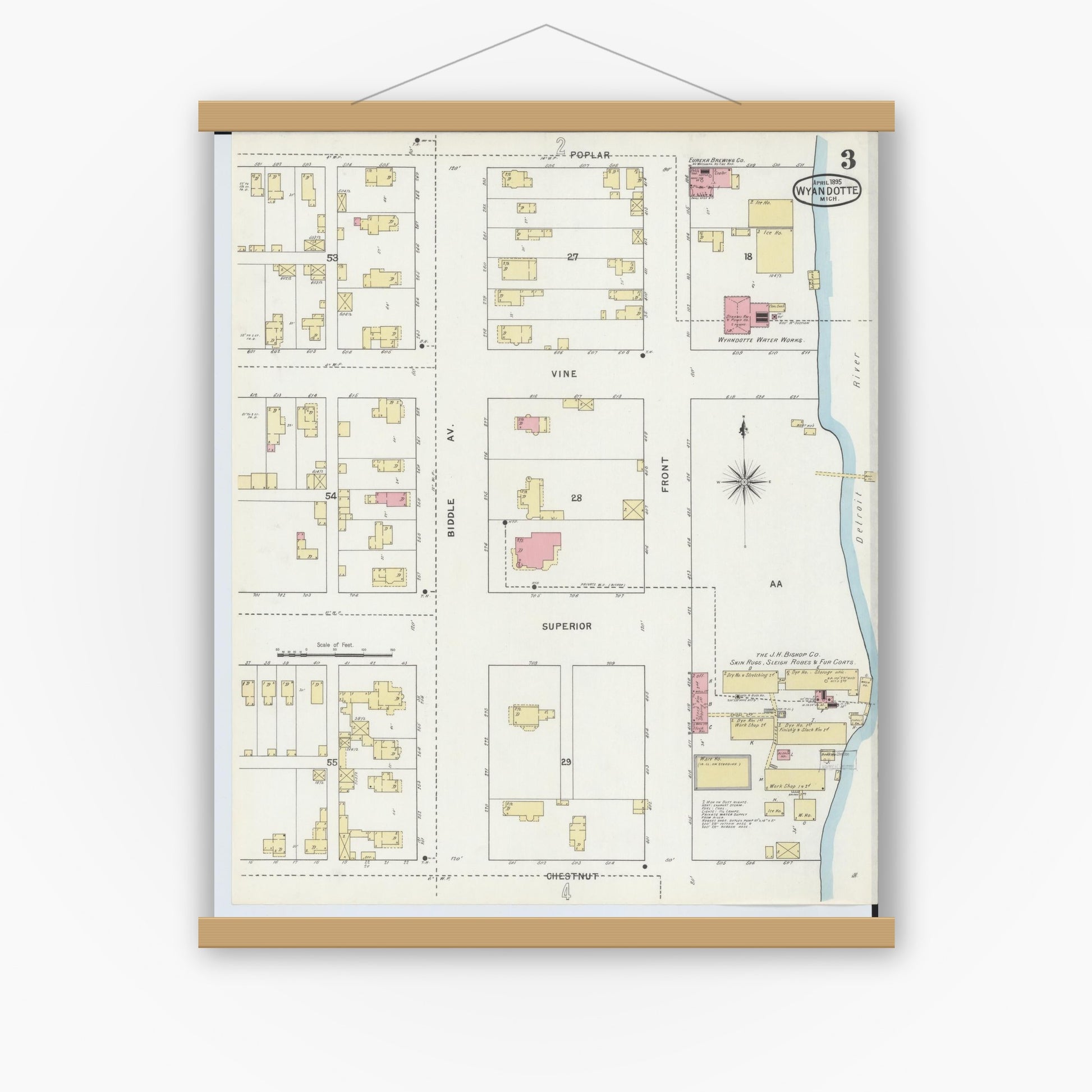 Old map wall art mockup — magnetic wood frame on white wall — Sanborn Fire Insurance Map from Wyandotte, Wayne County, Michigan (1895), Sheet #0003