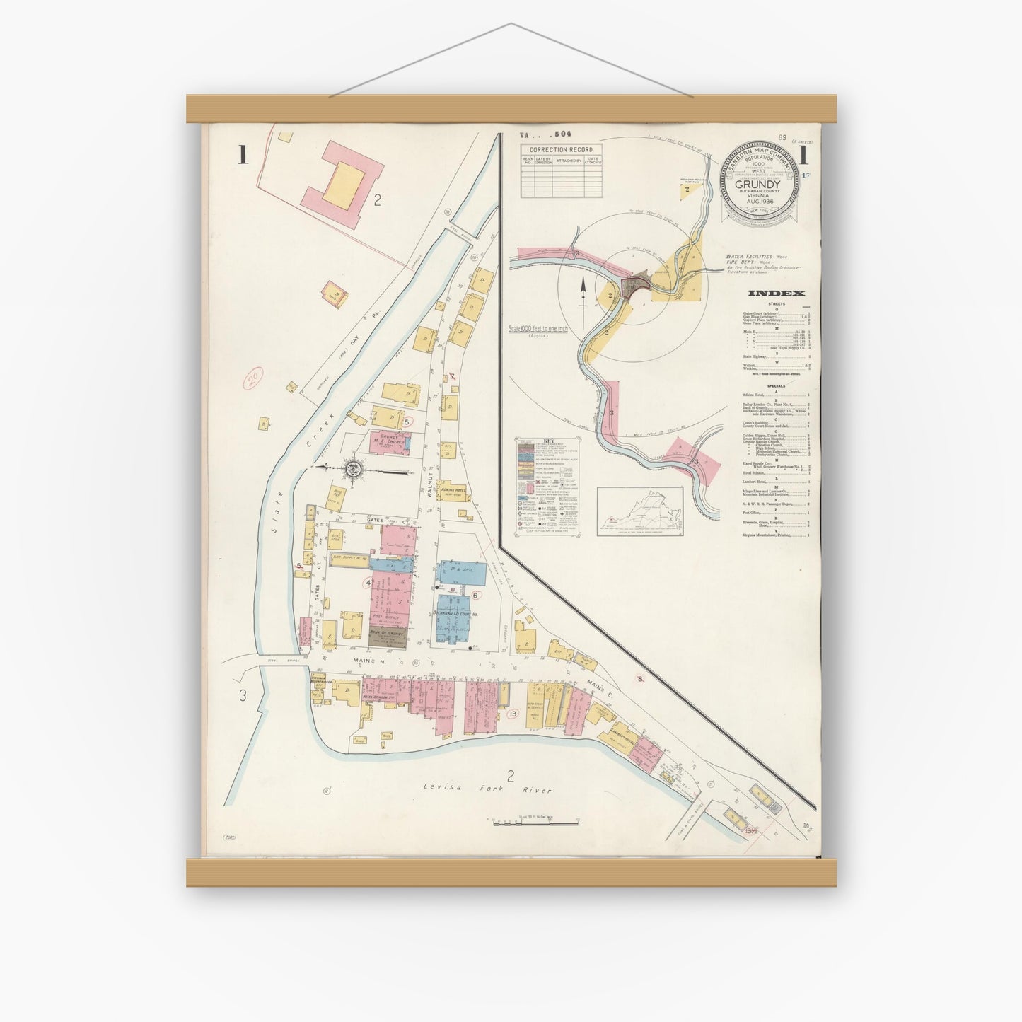 Old map wall art mockup — magnetic wood frame on white wall — Sanborn Fire Insurance Map from Grundy, Buchanan County, Virginia (1936) - Complete Map Set