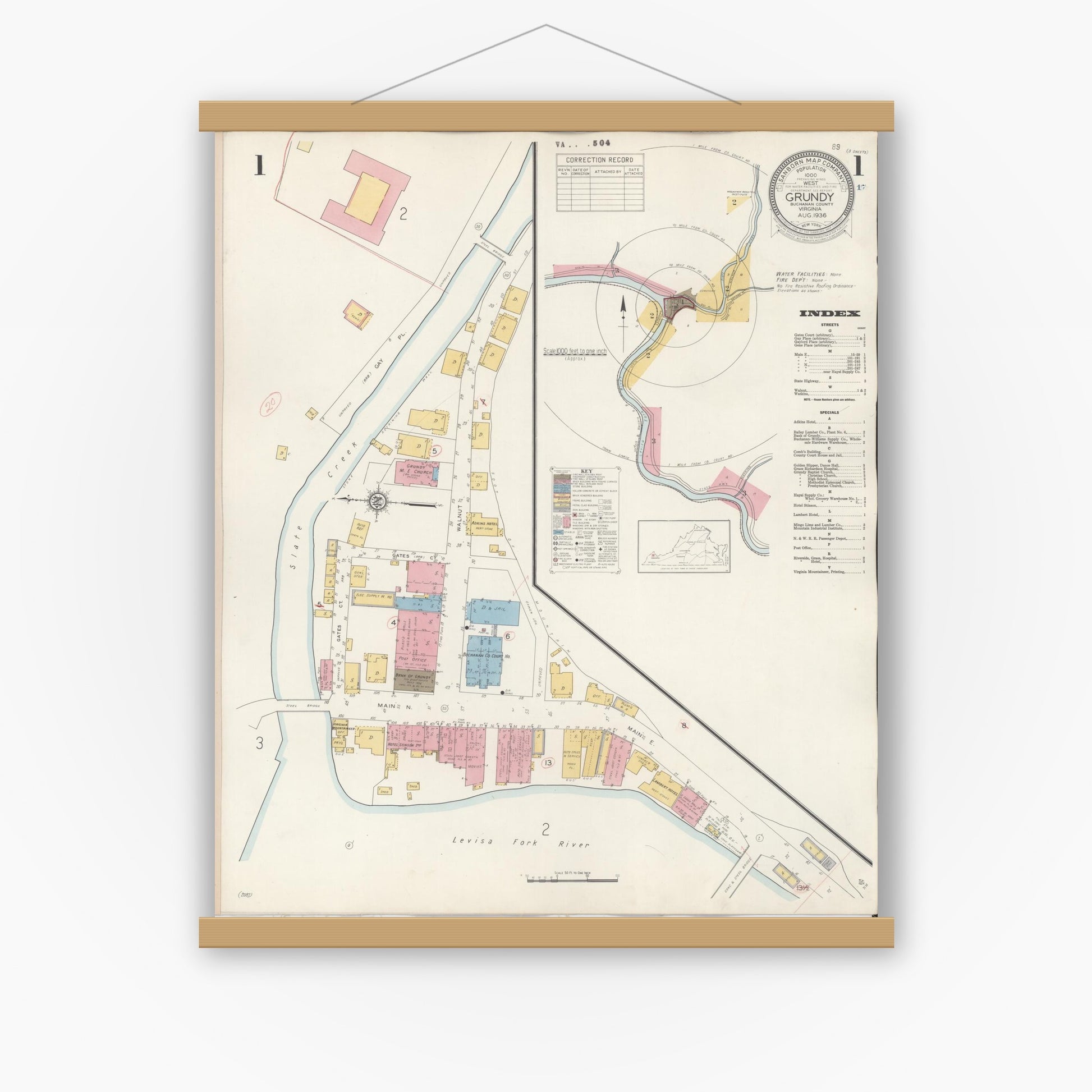 Old map wall art mockup — magnetic wood frame on white wall — Sanborn Fire Insurance Map from Grundy, Buchanan County, Virginia (1936) - Complete Map Set
