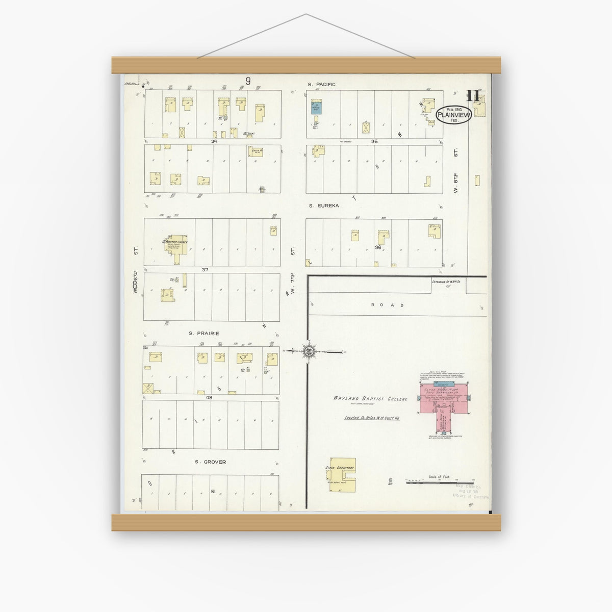 Old map wall art mockup — magnetic wood frame on white wall — Sanborn Fire Insurance Map from Plainview, Hale County, Texas (1914), Sheet #0011