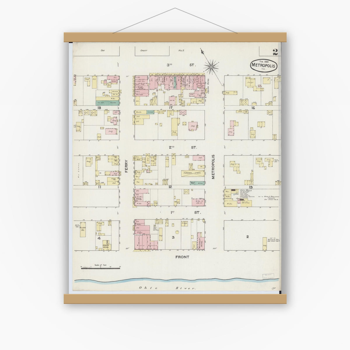 Old map wall art mockup — magnetic wood frame on white wall — Sanborn Fire Insurance Map from Metropolis, Massac County, Illinois (1888), Sheet #0002