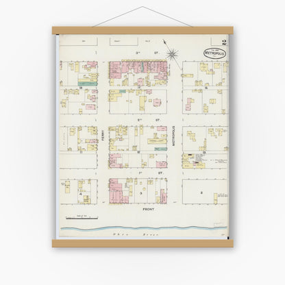 Old map wall art mockup — magnetic wood frame on white wall — Sanborn Fire Insurance Map from Metropolis, Massac County, Illinois (1888), Sheet #0002