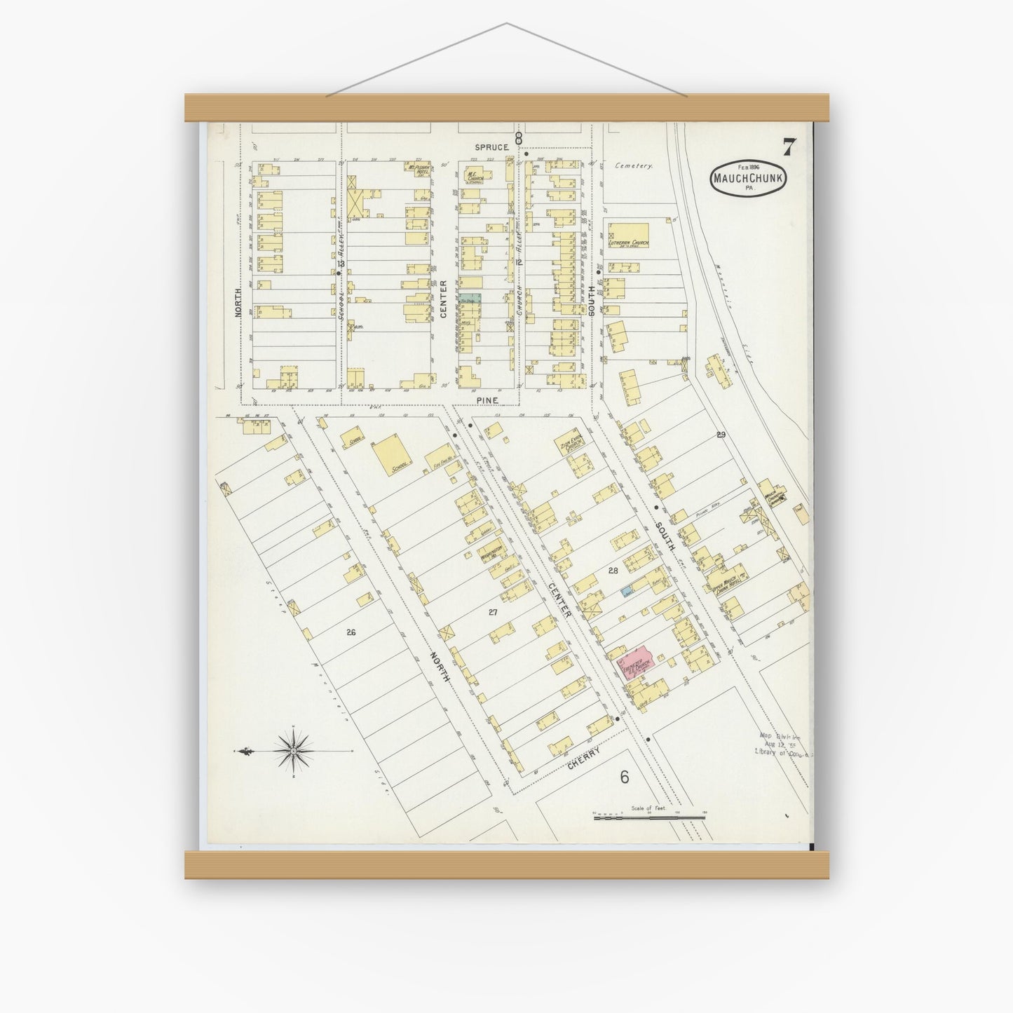 Old map wall art mockup — magnetic wood frame on white wall — Sanborn Fire Insurance Map from Mauch Chunk, Carbon County, Pennsylvania (1896), Sheet #0007