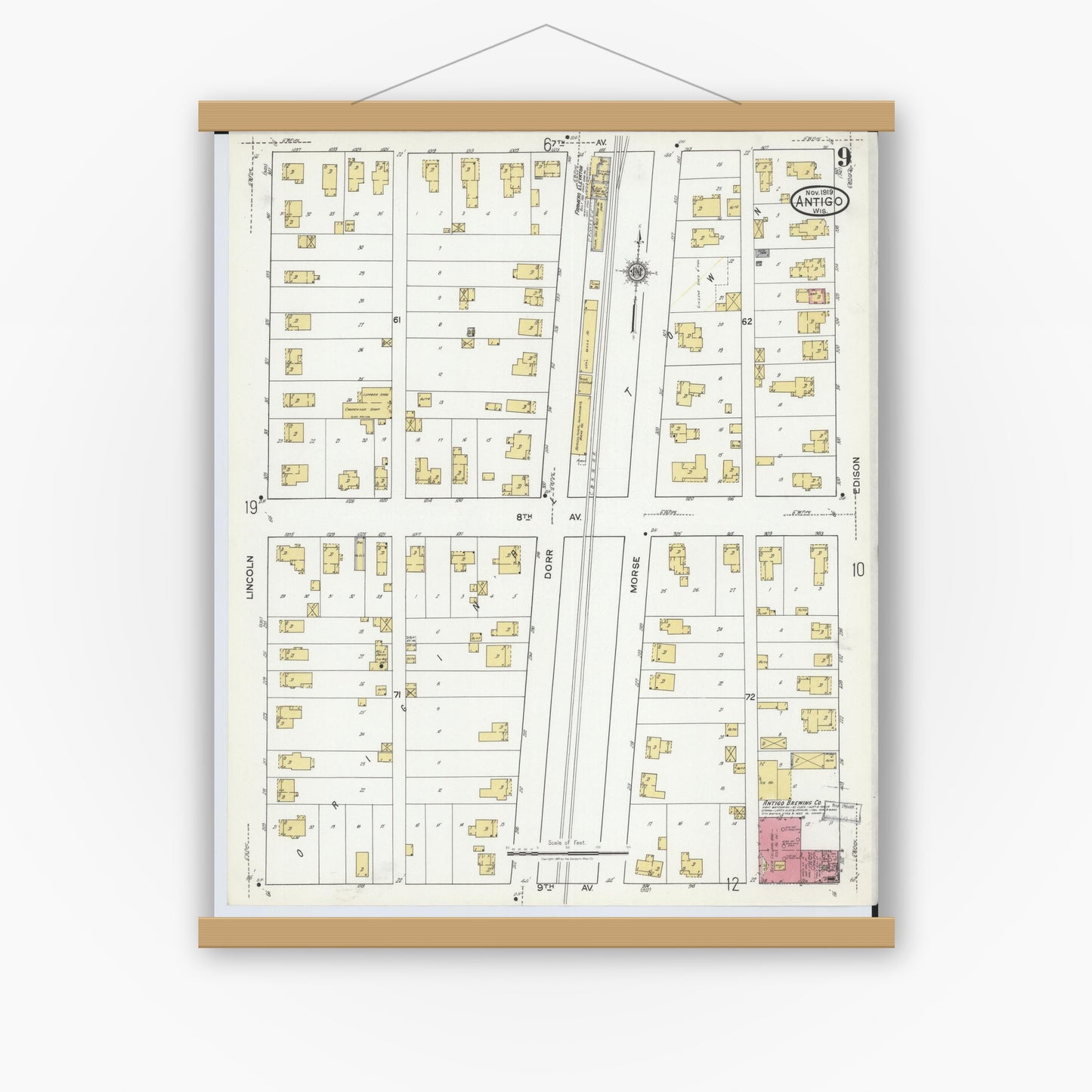 Old map wall art mockup — magnetic wood frame on white wall — Sanborn Fire Insurance Map from Antigo, Langlade County, Wisconsin (1919), Sheet #0009
