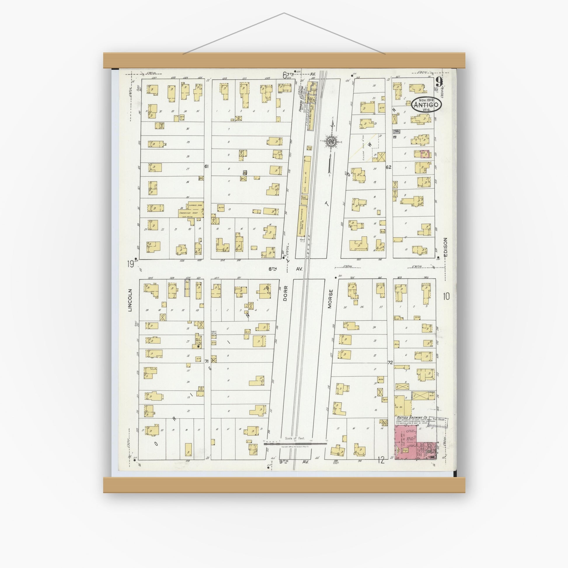 Old map wall art mockup — magnetic wood frame on white wall — Sanborn Fire Insurance Map from Antigo, Langlade County, Wisconsin (1919), Sheet #0009