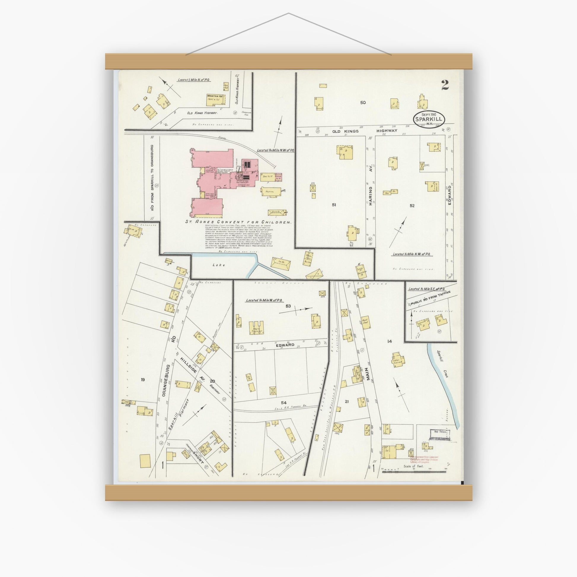 Old map wall art mockup — magnetic wood frame on white wall — Sanborn Fire Insurance Map from Sparkill, Rockland County, New York (1910), Sheet #0002