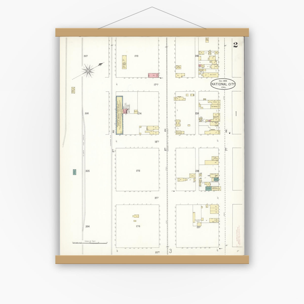 Old map wall art mockup — magnetic wood frame on white wall — Sanborn Fire Insurance Map from National City, San Diego County, California (1899), Sheet #0002