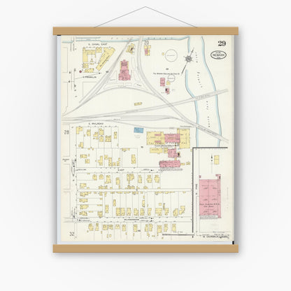 Old map wall art mockup — magnetic wood frame on white wall — Sanborn Fire Insurance Map from Newark, Licking County, Ohio (1912), Sheet #0029