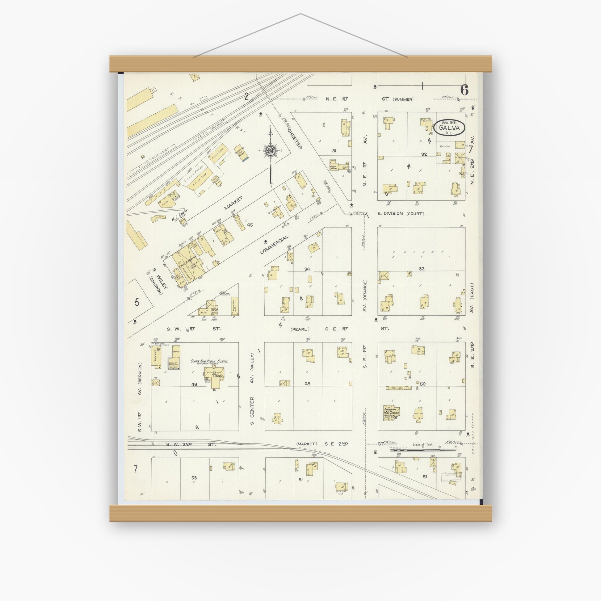 Old map wall art mockup — magnetic wood frame on white wall — Sanborn Fire Insurance Map from Galva, Henry County, Illinois (1913), Sheet #0006