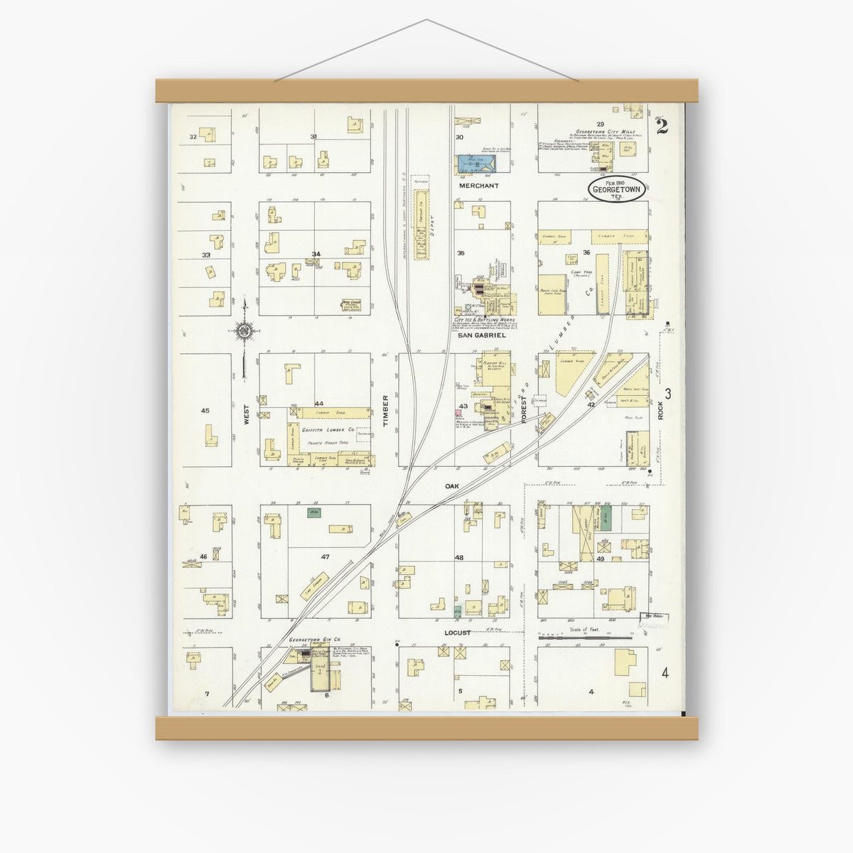 Old map wall art mockup — magnetic wood frame on white wall — Sanborn Fire Insurance Map from Georgetown, Williamson County, Texas (1910), Sheet #0002
