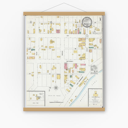 Old map wall art mockup — magnetic wood frame on white wall — Sanborn Fire Insurance Map from Buffalo, Wright County, Minnesota (1900) - Complete Map Set