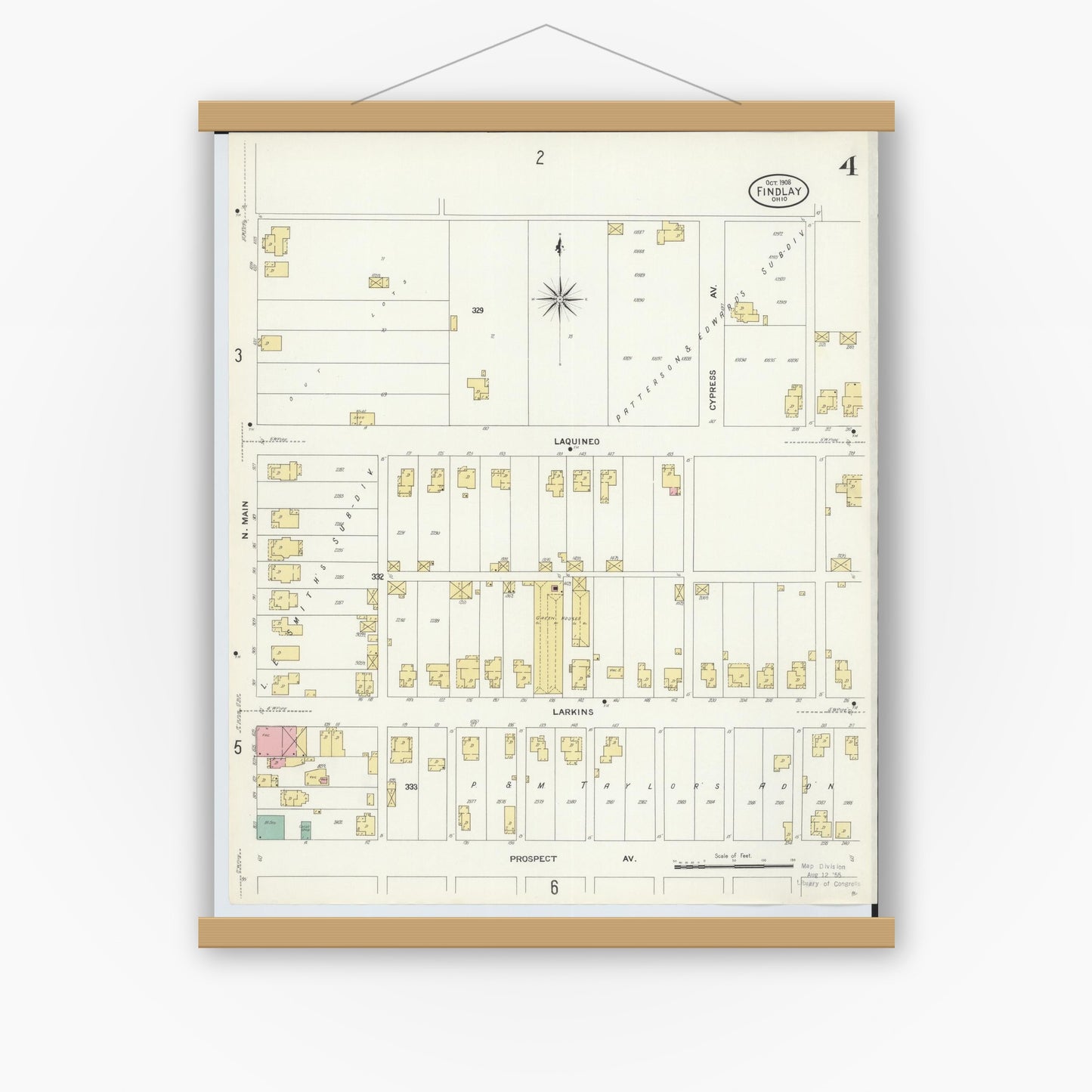 Old map wall art mockup — magnetic wood frame on white wall — Sanborn Fire Insurance Map from Findlay, Hancock County, Ohio (1908), Sheet #0004