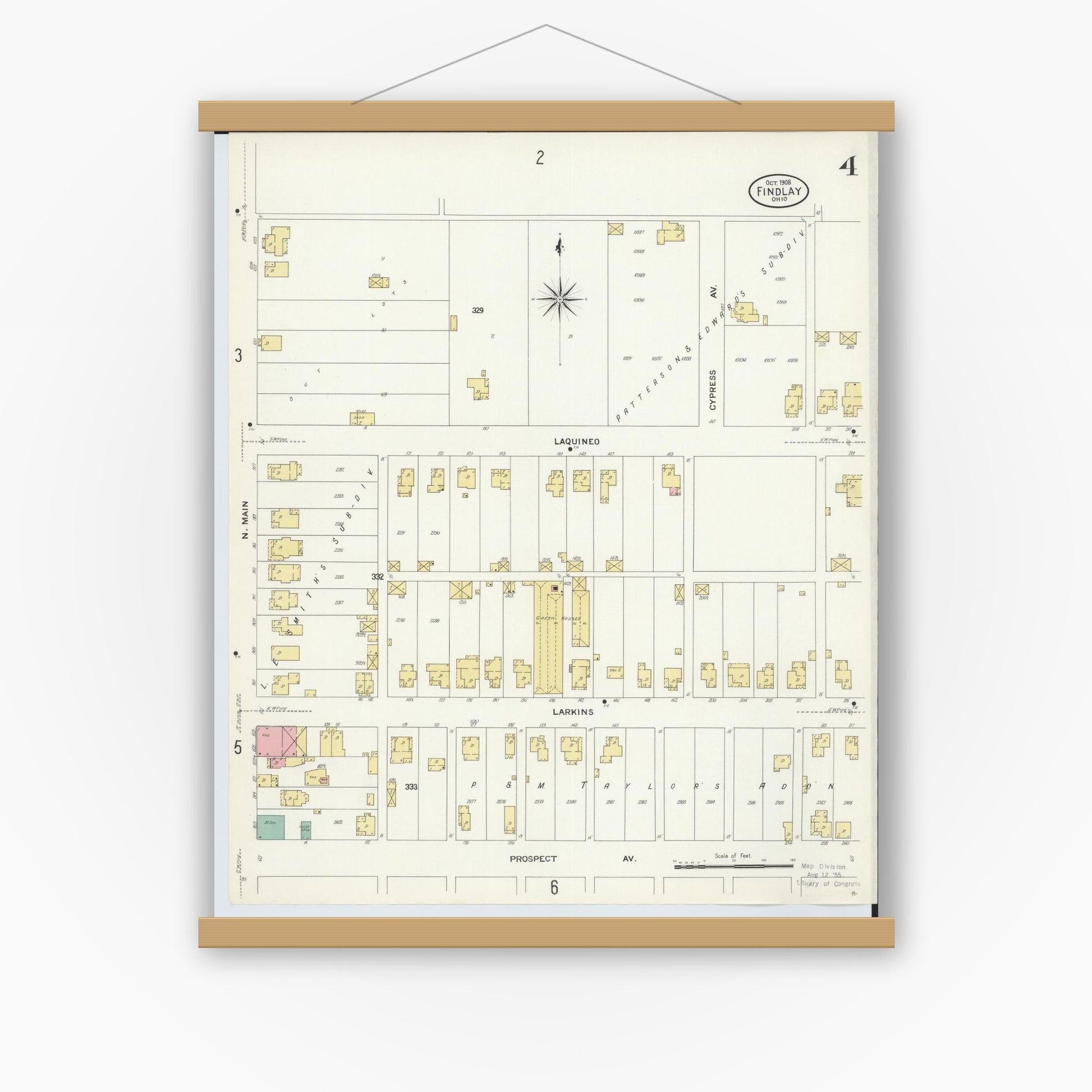 Old map wall art mockup — magnetic wood frame on white wall — Sanborn Fire Insurance Map from Findlay, Hancock County, Ohio (1908), Sheet #0004