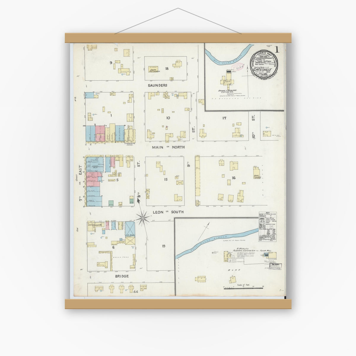 Old map wall art mockup — magnetic wood frame on white wall — Sanborn Fire Insurance Map from Gatesville, Coryell County, Texas (1891) - Complete Map Set