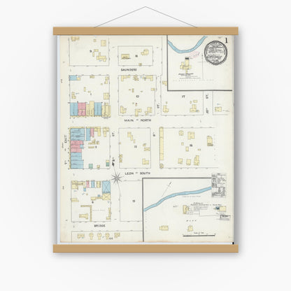 Old map wall art mockup — magnetic wood frame on white wall — Sanborn Fire Insurance Map from Gatesville, Coryell County, Texas (1891) - Complete Map Set