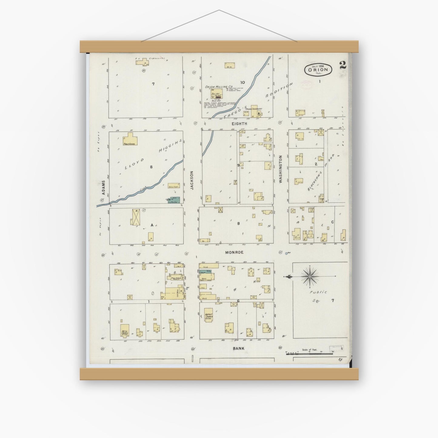 Old map wall art mockup — magnetic wood frame on white wall — Sanborn Fire Insurance Map from Orion, Henry County, Illinois (1894), Sheet #0002