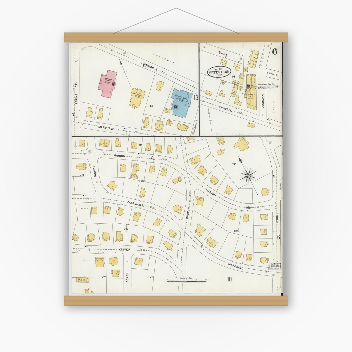 Old map wall art mockup — magnetic wood frame on white wall — Sanborn Fire Insurance Map from Watertown, Middlesex County, Massachusetts (1904), Sheet #0006