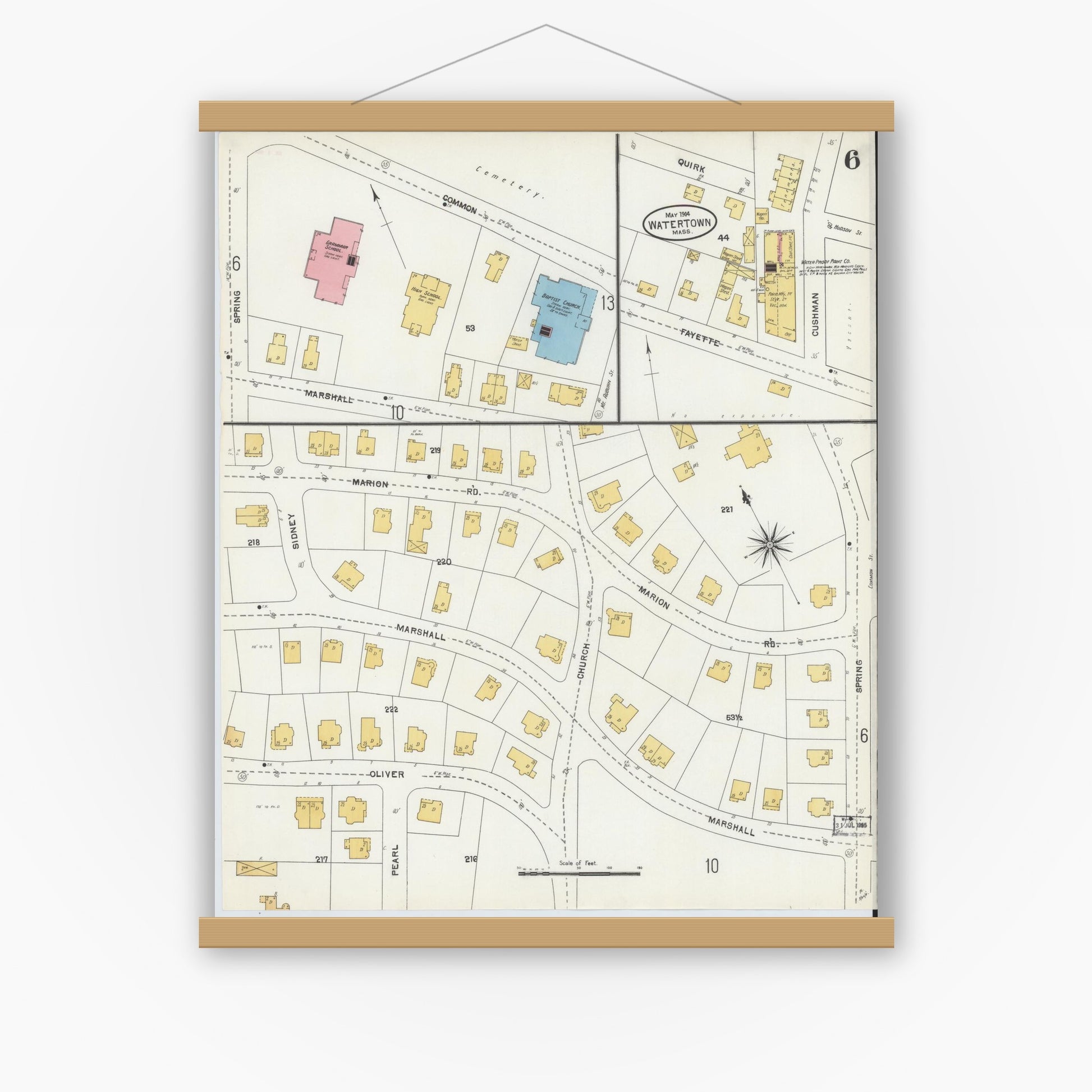 Old map wall art mockup — magnetic wood frame on white wall — Sanborn Fire Insurance Map from Watertown, Middlesex County, Massachusetts (1904), Sheet #0006