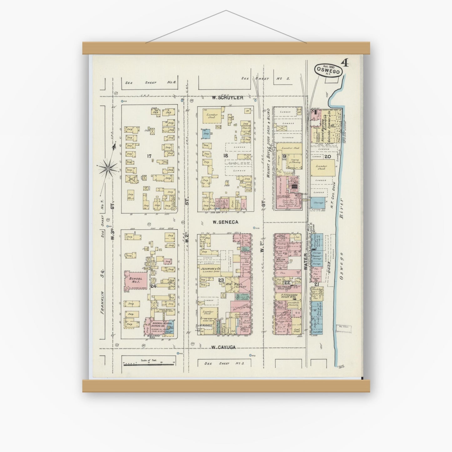 Old map wall art mockup — magnetic wood frame on white wall — Sanborn Fire Insurance Map from Oswego, Oswego County, New York (1890), Sheet #0004