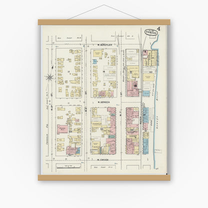 Old map wall art mockup — magnetic wood frame on white wall — Sanborn Fire Insurance Map from Oswego, Oswego County, New York (1890), Sheet #0004
