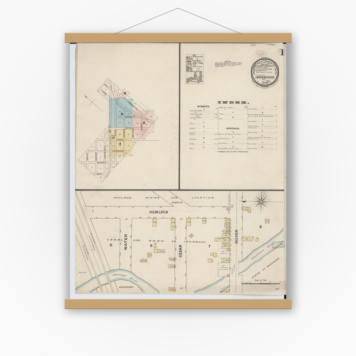 Old map wall art mockup — magnetic wood frame on white wall — Sanborn Fire Insurance Map from Ironwood, Gogebic County, Michigan (1888), Sheet #0001