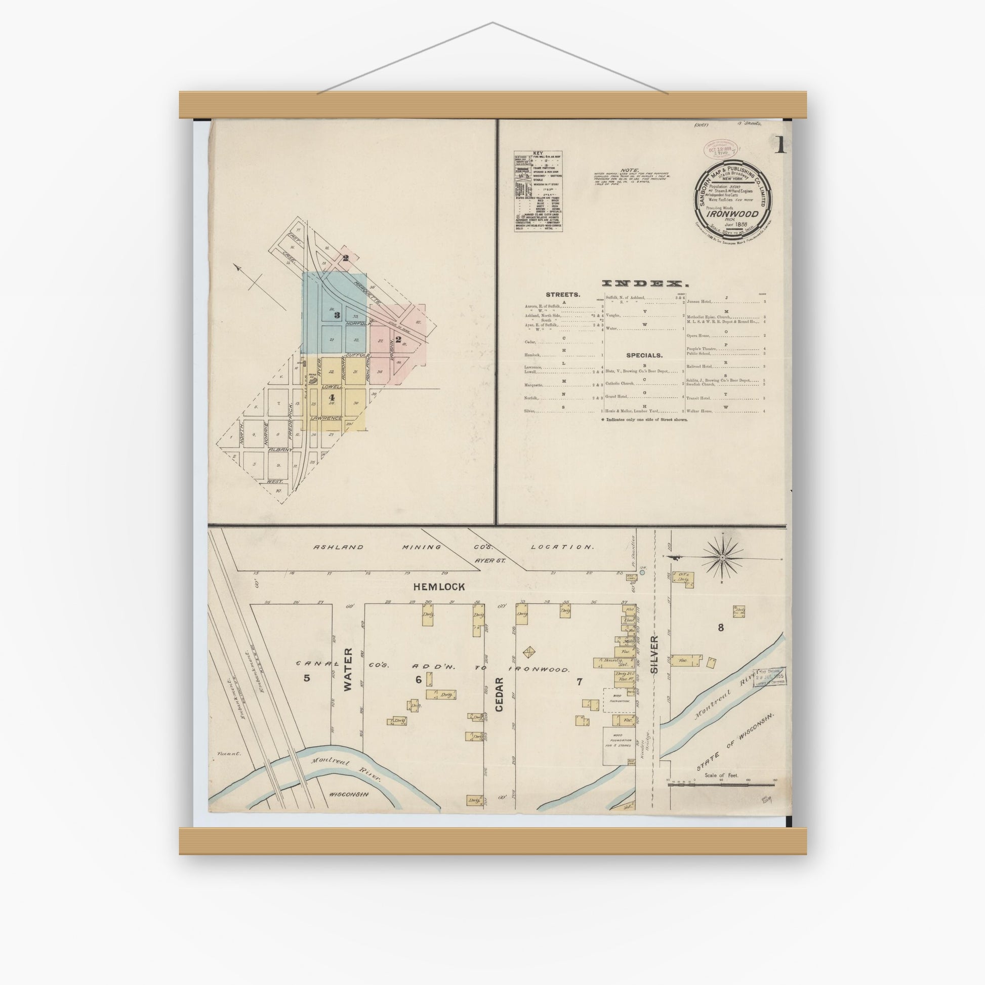 Old map wall art mockup — magnetic wood frame on white wall — Sanborn Fire Insurance Map from Ironwood, Gogebic County, Michigan (1888), Sheet #0001