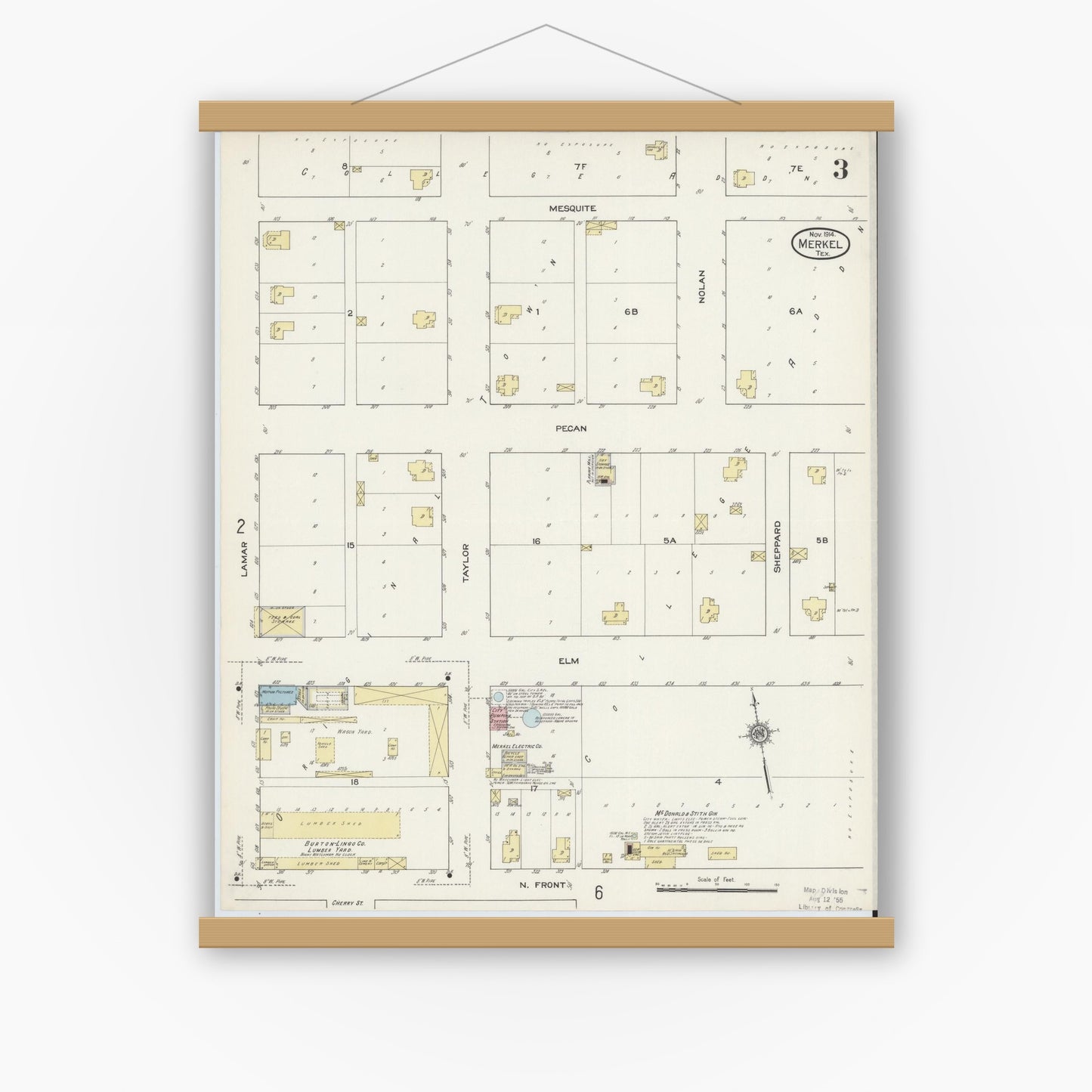 Old map wall art mockup — magnetic wood frame on white wall — Sanborn Fire Insurance Map from Merkel, Taylor County, Texas (1914), Sheet #0003