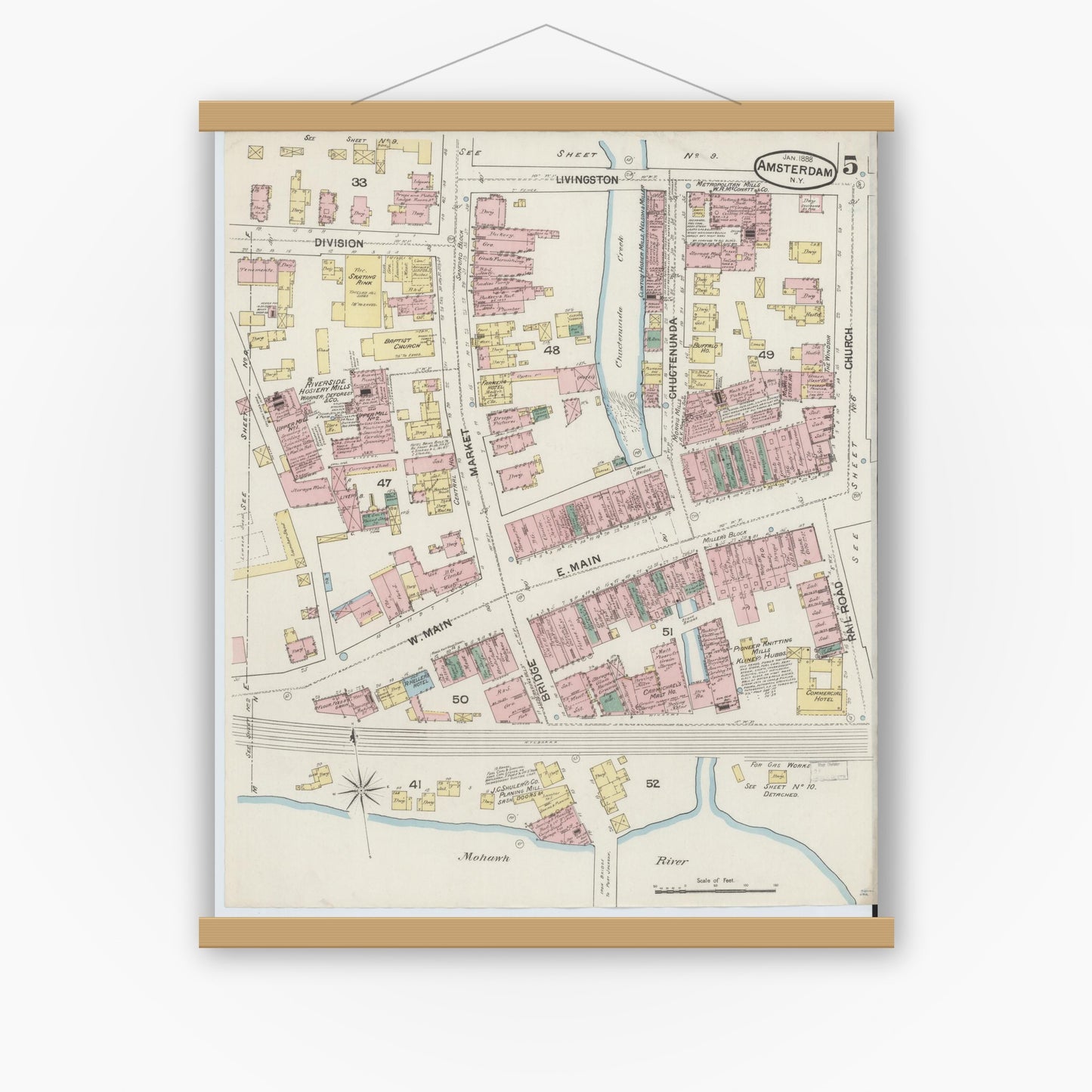 Old map wall art mockup — magnetic wood frame on white wall — Sanborn Fire Insurance Map from Amsterdam, Montgomery County, New York (1888), Sheet #0005