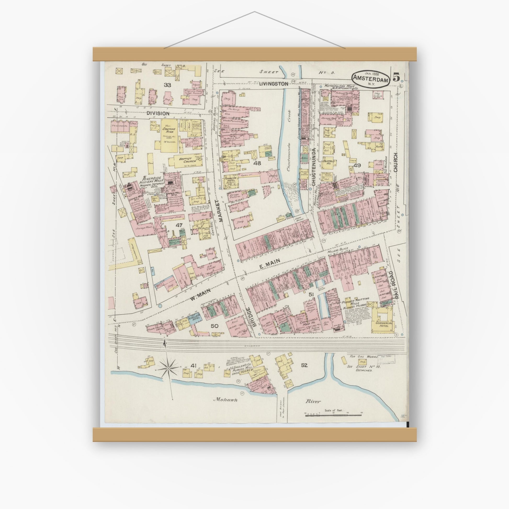 Old map wall art mockup — magnetic wood frame on white wall — Sanborn Fire Insurance Map from Amsterdam, Montgomery County, New York (1888), Sheet #0005