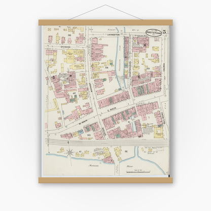 Old map wall art mockup — magnetic wood frame on white wall — Sanborn Fire Insurance Map from Amsterdam, Montgomery County, New York (1888), Sheet #0005