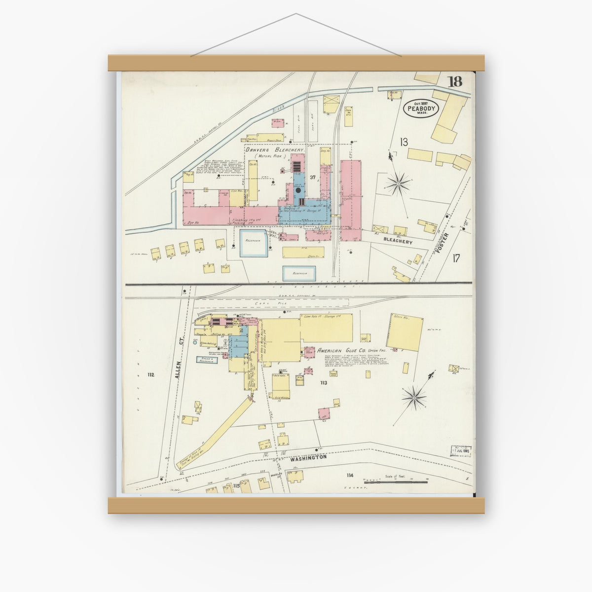 Old map wall art mockup — magnetic wood frame on white wall — Sanborn Fire Insurance Map from Peabody, Essex County, Massachusetts (1897), Sheet #0018