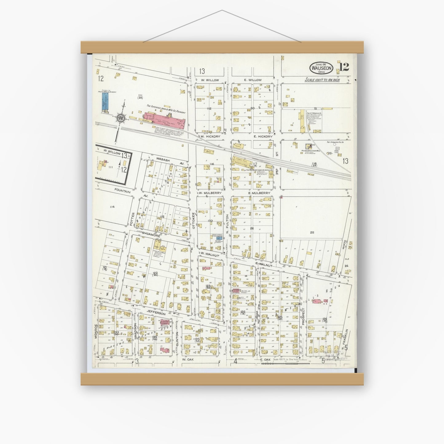 Old map wall art mockup — magnetic wood frame on white wall — Sanborn Fire Insurance Map from Wauseon, Fulton County, Ohio (1916), Sheet #0012