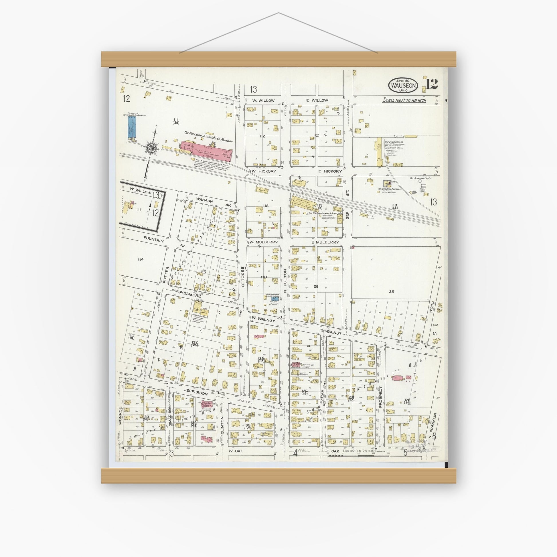 Old map wall art mockup — magnetic wood frame on white wall — Sanborn Fire Insurance Map from Wauseon, Fulton County, Ohio (1916), Sheet #0012