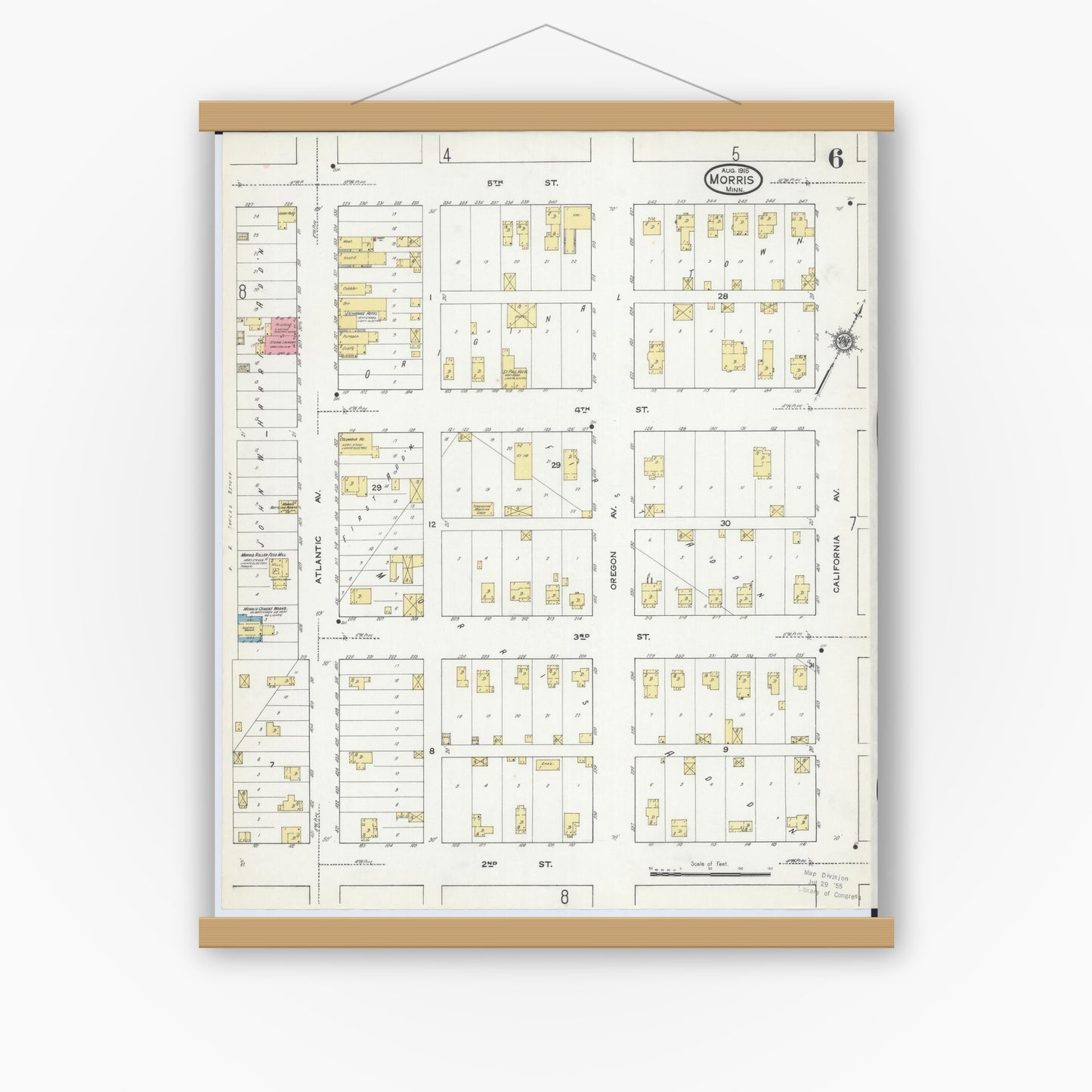 Old map wall art mockup — magnetic wood frame on white wall — Sanborn Fire Insurance Map from Morris, Stevens County, Minnesota (1915), Sheet #0006