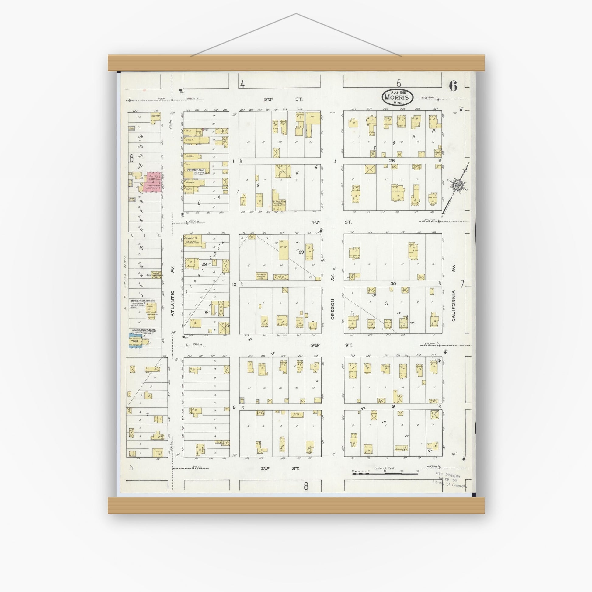 Old map wall art mockup — magnetic wood frame on white wall — Sanborn Fire Insurance Map from Morris, Stevens County, Minnesota (1915), Sheet #0006